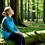 A professional woman, fully clothed in modest, comfortable outdoor hiking attire, is sitting peacefully on a moss-covered log in a sun-dappled German forest. Her eyes are closed, deep in contemplation, embracing a digital detox moment. The surrounding trees are tall beeches and oaks, with sunlight filtering through the canopy, creating a serene and calming atmosphere, symbolizing stress reduction and mindfulness. This is safe for work, appropriate content, fully clothed, modest, professional dress, perfect anatomy, correct proportions, natural pose, well-formed hands, proper finger count, natural body proportions, high-quality professional photography.