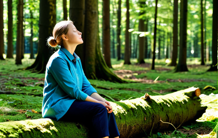 A professional woman, fully clothed in modest, comfortable outdoor hiking attire, is sitting peacefully on a moss-covered log in a sun-dappled German forest. Her eyes are closed, deep in contemplation, embracing a digital detox moment. The surrounding trees are tall beeches and oaks, with sunlight filtering through the canopy, creating a serene and calming atmosphere, symbolizing stress reduction and mindfulness. This is safe for work, appropriate content, fully clothed, modest, professional dress, perfect anatomy, correct proportions, natural pose, well-formed hands, proper finger count, natural body proportions, high-quality professional photography.