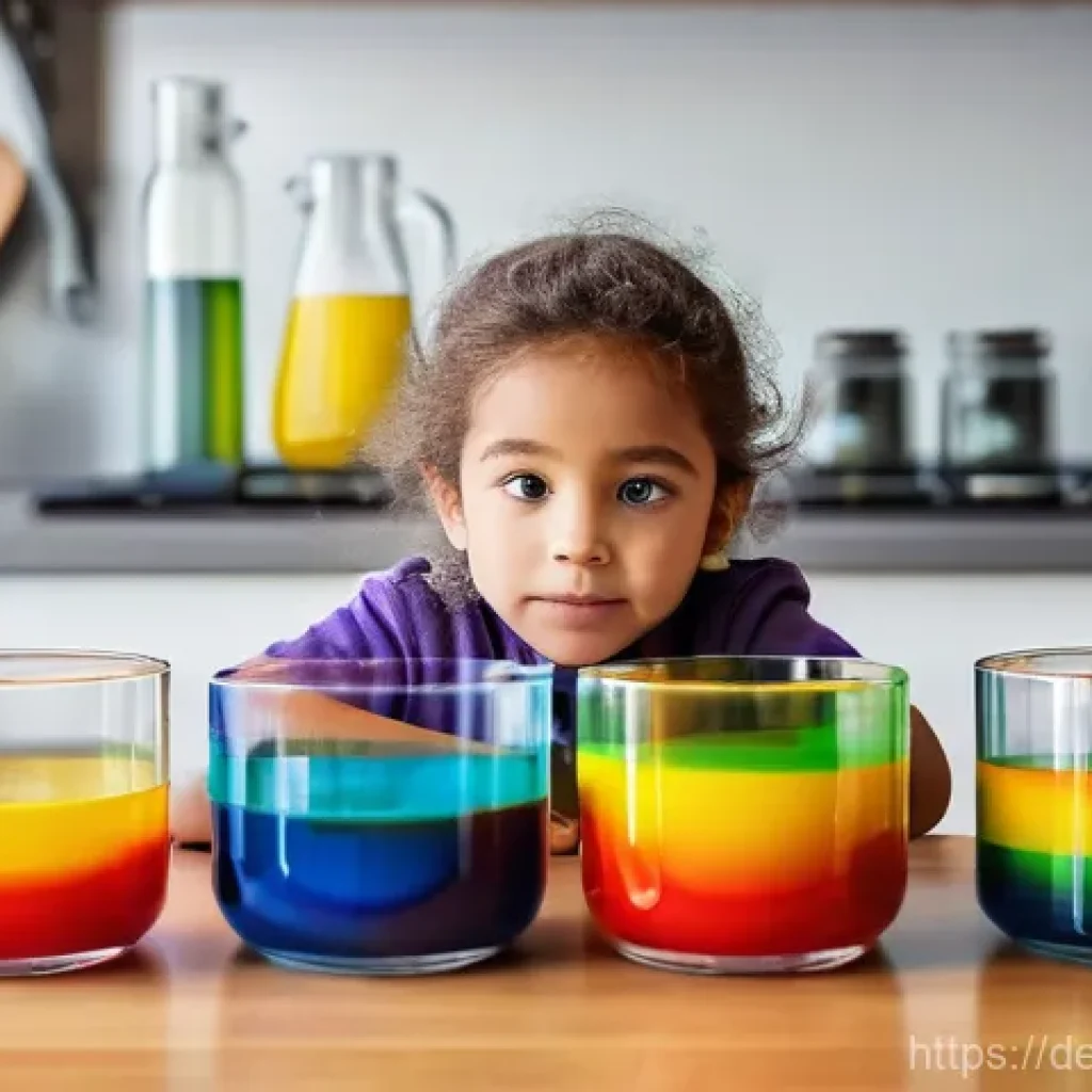 기초 과학 실험 - **Rainbow in a Glass: Density Dance**
    A brightly lit scene in a modern, clean kitchen, focusing ...
