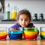 기초 과학 실험 - **Rainbow in a Glass: Density Dance**
    A brightly lit scene in a modern, clean kitchen, focusing ...
