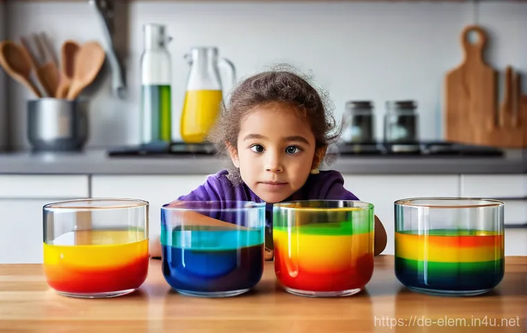 기초 과학 실험 - **Rainbow in a Glass: Density Dance**
A brightly lit scene in a modern, clean kitchen, focusing ...