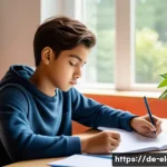 수학 개념 학습법 - A focused student sitting at a tidy desk in a bright, modern study room with natural light streaming...