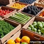 쓰레기 줄이기 및 분리배출 - A vibrant German farmers&rsquo; market scene showcasing a variety of fresh, unpackaged fruits and vegetabl...
