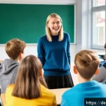 스토리텔링 영어 교육 - A lively English classroom scene in a modern German school, where diverse teenage students wearing c...